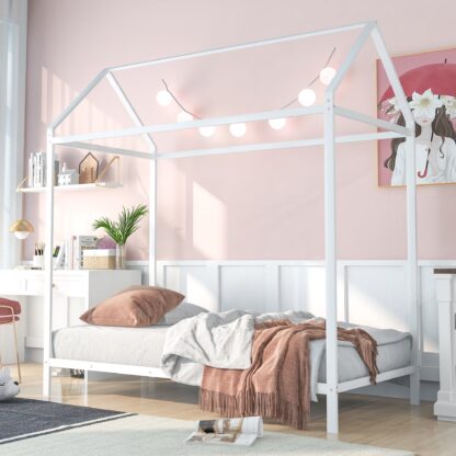 Kumix Metal House Floor Bed with House Roof, 20 Slats Support, Height Adjustable Twin Size Kids Floor Bed Frame for Toddlers Boys and Girls, Platform Bed for Bedroom, No Box Spring Needed, White