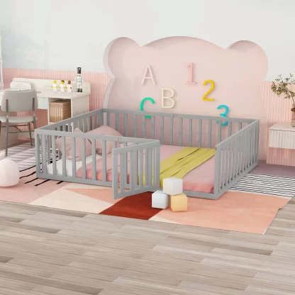 Kumix Queen Floor Bed for Kids with Fence and Door, Wood Floor Bed Frame for Toddler 1-3 Aged, Noise-Free Low Floor Bed for Bedroom, Dorm, No Weight Capacity Limit, Easy Assembly, Gray