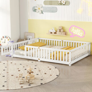 Kumix Floor Bed Queen Size, Toddler Bed for Kids Aged 1-3 with Fence and Door, Solid Wood Bed Frame for Bedroom, Apartment, No Box Spring Needed, Noise Free, White