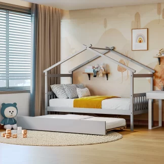 Kumix Platform Bed with Trundle, Wooden Twin Size House Bed with Roof Frame, Headboard and Footboard for Kids, Teens, Guests, Heavy Duty House Bed with Twin Trundle, Easy Assembly, Gray