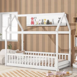 Kumix House Floor Bed with Roof Frame and Fence Guardrails, with Slats Support, Wooden Twin Floor Bed for Kids Toddlers Boys/Girls, Heavy Duty House Bed Frame for Bedroom, Easy Assembly, White