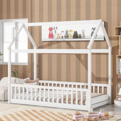 Kumix House Floor Bed with Roof Frame and Fence Guardrails, with Slats Support, Wooden Twin Floor Bed for Kids Toddlers Boys/Girls, Heavy Duty House Bed Frame for Bedroom, Easy Assembly, White