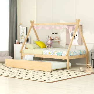 Kumix Twin Size Tent Floor Bed with Pull-Out Trundle, Wood Teepee Bed House Bed with Slat Support, Triangle Structure Tent Floor Bed Frame for Kids, Toddler Boys & Girls, Easy Assembly, Natural