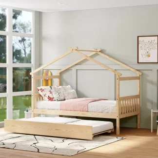 Kumix Platform Bed with Trundle, Wooden Twin Size House Bed with Roof Frame, Headboard and Footboard for Kids, Teens, Guests, Heavy Duty House Bed with Twin Trundle, Easy Assembly, Natural