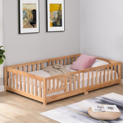 Kumix Floor Bed Twin Size with Door and Fence, Solid Wooden Platform Bed Frame with Wood Slats Support, Suitable for Kids Boys/Girls, Noise-Free, No Box Spring Needed, Easy Assembly, Natural