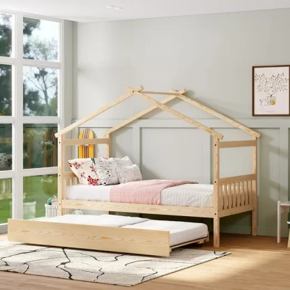 Kumix Platform Bed with Trundle, Wooden Twin Size House Bed with Roof Frame, Headboard and Footboard for Kids, Teens, Guests, Heavy Duty House Bed with Twin Trundle, Easy Assembly, Natural