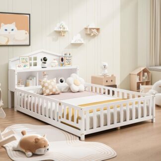 Kumix Floor Bed with Bookcases and Blackboards, Full Size Wood Montessori Floor Bed with Fence and Door, Solid Wood Floor Beds with Storage Headboards, Floor Beds for Kids & Toddler, White