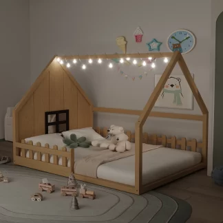 Kumix House Floor Bed with Roof Frame, Window LED and Fence Guardrail, Wooden Full Size Floor Bed with Slats Support for Kids 1-3 Aged, Toddler Floor Bed for Bedroom, Dorm, Noise-Free, Natural