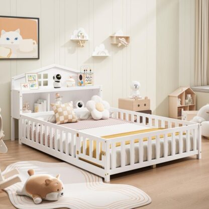 Kumix Floor Bed with Bookcases and Blackboards, Full Size Wood Montessori Floor Bed with Fence and Door, Solid Wood Floor Beds with Storage Headboards, Floor Beds for Kids & Toddler, White