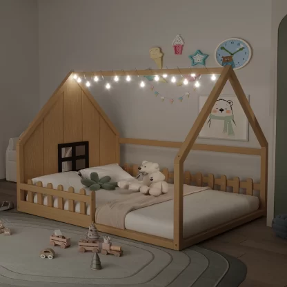 Kumix House Floor Bed with Roof Frame, Window LED and Fence Guardrail, Wooden Full Size Floor Bed with Slats Support for Kids 1-3 Aged, Toddler Floor Bed for Bedroom, Dorm, Noise-Free, Natural