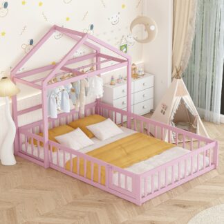Kumix Wooden Floor Bed with Fence Railings and Detachable House Shape Headboard, Full Size Bed with Kids Dress Up Rack, Kids Montessori Style Playhouse Frame for Girls Boys, Noise-Free, Pink