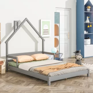 Kumix Full Size Floor Bed with Handrails and House-Shaped Headboard, Toddler Floor Bed for Kids 1-3 Aged, Wood Floor Bed Frame for Bedroom, Slat Support, Noise-Free, Easy Assembly, Gray