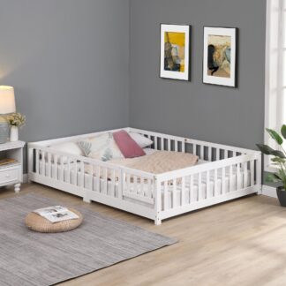Kumix Floor Bed Queen Size with Fence and Door, Wooden Platform Bed Frame with Wood Slats Support, Queen Floor Bed for Kids Boys/Girls, Toddler Floor Bed Noise-Free, Easy Assembly, White
