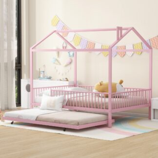 Kumix House Bed with Trundle, Full Size Metal House Bed and Fence Guardrail for Kids Teens Adults, Heavy Duty House Beds for Bedroom, Dorm, No Box Spring Needed, Noise-Free, Easy Assembly, Pink