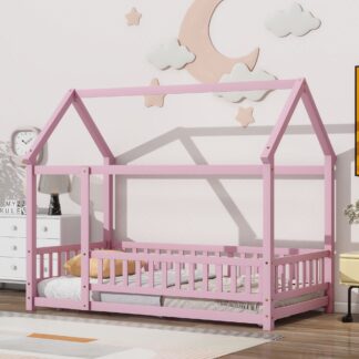 Kumix Floor Bed with House Roof Frame and Fence Guardrails, Wood Twin Size Floor Bed for Kids Boys/Girls, No Weight Capacity Limit, Toddler Floor Bed Frame for Bedroom, Noise-Free, Pink