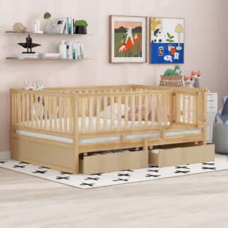 Kumix Wood Daybed with Fence Guardrails and 2 Drawers, Full Size Bed Can Split into Independent Floor Bed & Daybed Slats Support for Kids Teens Adults, No Box Spring Needed, Easy Assembly, Natural