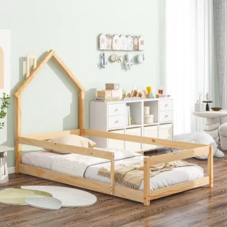 Kumix Twin Floor Bed with House-shaped Headboard and Fences for Kids Teens Boys/Girls, Wood Floor Bed for Toddler 1-3 Aged, No Weight Capacity Limit, Noise-Free, Easy Assembly, Natural