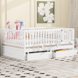 Kumix Wood Daybed with Fence Guardrails and 2 Drawers, Full Size Bed Can Split into Independent Floor Bed & Daybed Slats Support for Kids Teens Adults, No Box Spring Needed, Easy Assembly, White