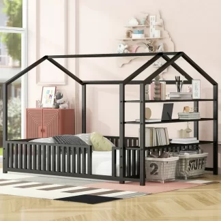 Kumix Floor Bed with Fence Guardrail and Detachable Storage Shelves, Metal Full Size House Bed without Slat for Kids Young Teens, Heavy Duty Floor Bed for Bedroom, No Box Spring Needed, Black