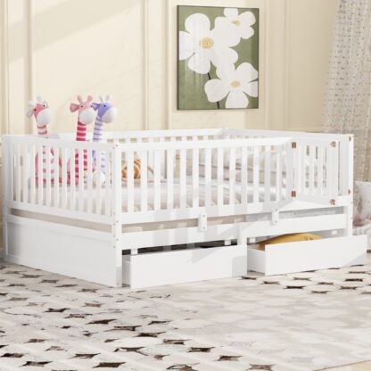 Kumix Wood Daybed with Fence Guardrails and 2 Drawers, Full Size Bed Can Split into Independent Floor Bed & Daybed Slats Support for Kids Teens Adults, No Box Spring Needed, Easy Assembly, White