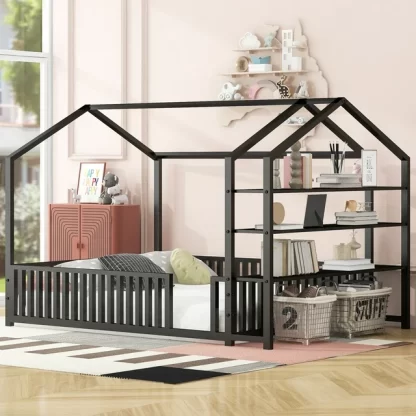 Kumix Floor Bed with Fence Guardrail and Detachable Storage Shelves, Metal Full Size House Bed without Slat for Kids Young Teens, Heavy Duty Floor Bed for Bedroom, No Box Spring Needed, Black