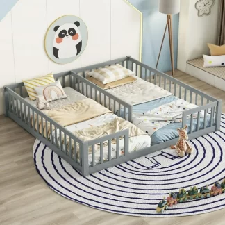 Kumix Double Floor Bed with Fence Guardrails, without Door, Slats, Wood Twin Toddler Floor Bed Frame for Kids Aged 1-3, Twin Floor Beds for 2, Noise-Free, No Box Spring Needed, Gray