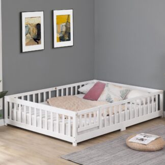 Kumix Floor Bed Full Size with Door and Fence, Solid Wooden Platform Bed Frame with Wood Slats Support, Suitable for Kids Boys/Girls, Noise-Free, No Box Spring Needed, Easy Assembly, White