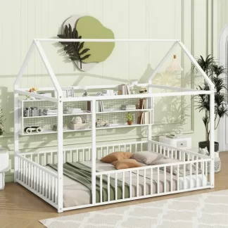 Kumix Full Floor Bed with Fence and Shelves, Metal House Bed Frame with Roof for Kids Boys & Girls, Toddler Floor Beds Full Size, No Weight Capacity Limit, Noise-Free, Easy Assembly, White