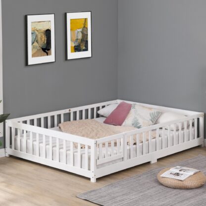 Kumix Floor Bed Full Size with Door and Fence, Solid Wooden Platform Bed Frame with Wood Slats Support, Suitable for Kids Boys/Girls, Noise-Free, No Box Spring Needed, Easy Assembly, White