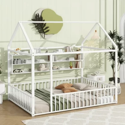 Kumix Full Floor Bed with Fence and Shelves, Metal House Bed Frame with Roof for Kids Boys & Girls, Toddler Floor Beds Full Size, No Weight Capacity Limit, Noise-Free, Easy Assembly, White