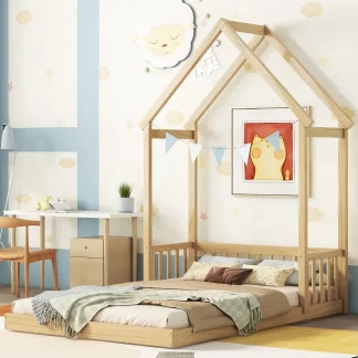 Kumix Toddler Floor Bed with House-shaped Roof Headboard, Semi-fence, without Slat, Full Floor Bed for Toddlers 1-3, Wood Floor Bed Frame for Bedroom, No Weight Capacity Limit, Easy Assembly, Natural