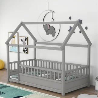 Kumix Twin Size Floor Bed with House Roof Frame, Fence Guardrails for Kids Boys/Girls, Wood Floor Bed for Toddler 1-3 Aged, No Limit Weight Capacity, Noise-Free, Easy Assembly, Gray