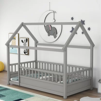 Kumix Twin Size Floor Bed with House Roof Frame, Fence Guardrails for Kids Boys/Girls, Wood Floor Bed for Toddler 1-3 Aged, No Limit Weight Capacity, Noise-Free, Easy Assembly, Gray