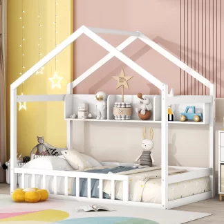 Kumix House Bed with Storage Shelf, Wooden Twin Size Kids House Bed with Fence Guardrail and Roof for Boys and Girls, Heavy Duty House Bed Frame for Bedroom, Noise-Free, Easy Assembly, White