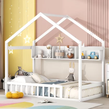 Kumix House Bed with Storage Shelf, Wooden Twin Size Kids House Bed with Fence Guardrail and Roof for Boys and Girls, Heavy Duty House Bed Frame for Bedroom, Noise-Free, Easy Assembly, White
