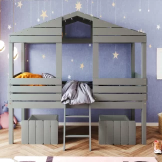 Kumix Loft Bed Twin Size, Wood House Bed with Roof, Two Drawers, High Guardrail and Ladder for Kids Teens Boys/Girls, Low Loft Bed Frame for Bedroom, Dorm, Space-Saving, Noise-Free, Gray