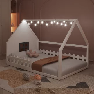Kumix House Floor Bed with Roof Frame, Window LED and Fence Guardrail, Wooden Full Size Floor Bed with Slats Support for Kids 1-3 Aged, Toddler Floor Bed for Bedroom, Dorm, Noise-Free, White