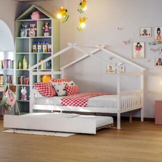 Kumix Platform Bed with Trundle, Wooden Full Size House Bed with Roof Frame, Headboard and Footboard for Kids, Teens, Guests, Heavy Duty House Bed with Twin Trundle, Easy Assembly, White