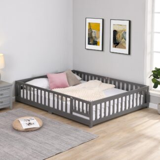 Kumix Floor Bed Queen Size with Fence and Door, Wooden Platform Bed Frame with Wood Slats Support, Queen Floor Bed for Kids Boys/Girls, Toddler Floor Bed Noise-Free, Easy Assembly, Gray