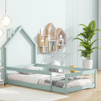 Kumix Twin Floor Bed with House-shaped Headboard and Fences for Kids Teens Boys/Girls, Wood Floor Bed for Toddler 1-3 Aged, No Weight Capacity Limit, Noise-Free, Easy Assembly, Light Green