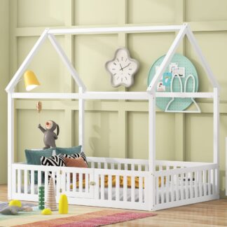 Kumix House Beds with Fence Guardrail and Door, Wood Full Floor Beds with Roof Frame for Kids Teens, Toddler Floor Beds for Bedroom, Dorm, No Box Spring Needed, Easy Assembly, Noise-Free, White