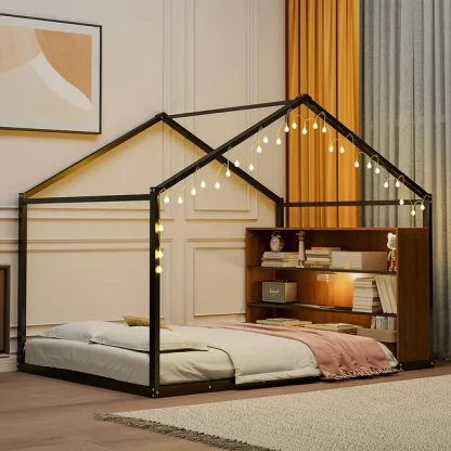 Kumix House Floor Bed with Shelves and Lights, Full Size Metal Floor Bed Frame with Slats Support and Roof for Kids Teens Boys and Girls, Low Floor Bed for Bedroom, Noise-Free, Black