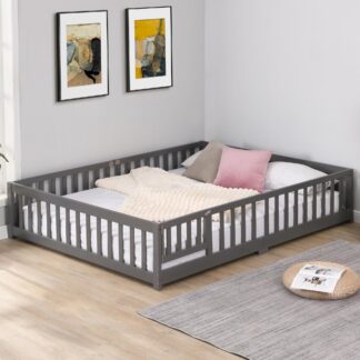 Kumix Floor Bed Full Size with Door and Fence, Solid Wooden Platform Bed Frame with Wood Slats Support, Suitable for Kids Boys/Girls, Noise-Free, No Box Spring Needed, Easy Assembly, Gray