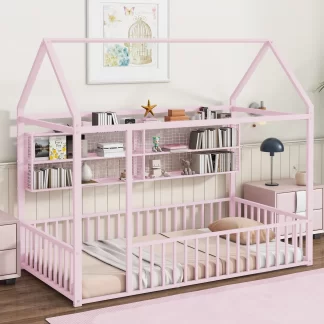 Kumix Twin Floor Bed with Fence and Shelves, Metal House Bed Frame with Roof for Kids Boys & Girls, Toddler Floor Beds Twin Size, No Weight Capacity Limit, Noise-Free, Easy Assembly, Pink