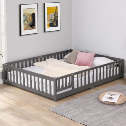 Kumix Floor Bed Full Size with Door and Fence, Solid Wooden Platform Bed Frame with Wood Slats Support, Suitable for Kids Boys/Girls, Noise-Free, No Box Spring Needed, Easy Assembly, Gray