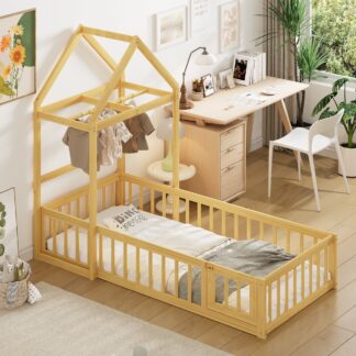 Kumix Wooden Floor Bed with Fence Railings and Detachable House Shape Headboard, Twin Size Bed with Kids Dress Up Rack, Kids Montessori Style Playhouse Frame for Girls Boys, Noise-Free, Natural