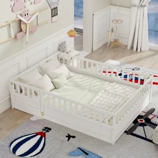 Kumix Floor Bed Full Size with Door and Fence, Toddler Bed for Kids Aged 1-3, Wood Floor Bed with Safety Guardrails for Bedroom, Floor Bed Frame for Girls & Boys, No Box Spring Needed, White