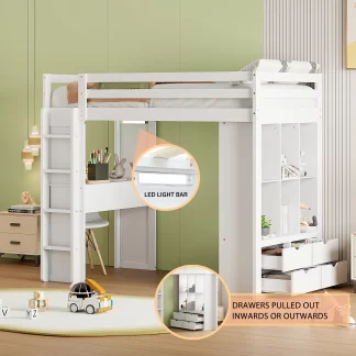 Kumix Loft Bed Twin Size with Desk, Wood Loft Bed with Shelves, Drawers and LED Light for Kids Teens Adults, Heavy Duty Loft Bed Frame with Safety Guardrail and Ladder, Noise-Free, White