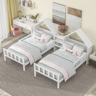 Kumix Double Twin Size Platform Bed with House-shaped Headboard and a Built-in Nightstand, Wooden Platform Bed with Slats Support, Under Bed Space for Kids Teens, Adults, Easy Assembly, White
