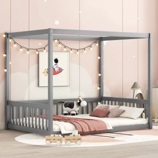 Kumix Wood Canopy Frame Floor Bed with Fence Guardrails and a Roof, Full Floor Bed without Slats, Toddler Floor Bed for Kids Boys & Girls, No Box Spring Needed, Noise-Free, Easy Assembly, Gray